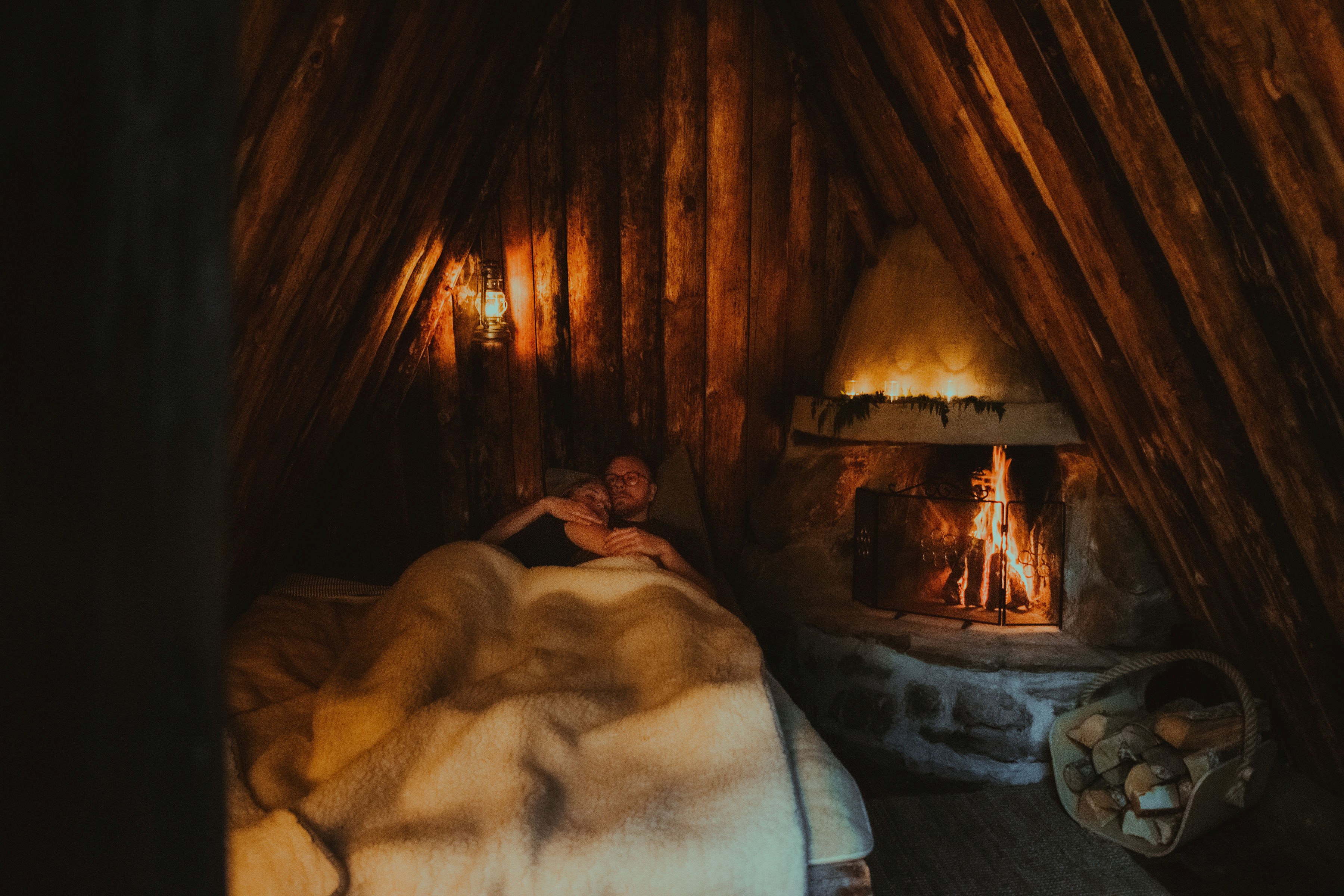 Cozy cabins with wood stove and smal candles